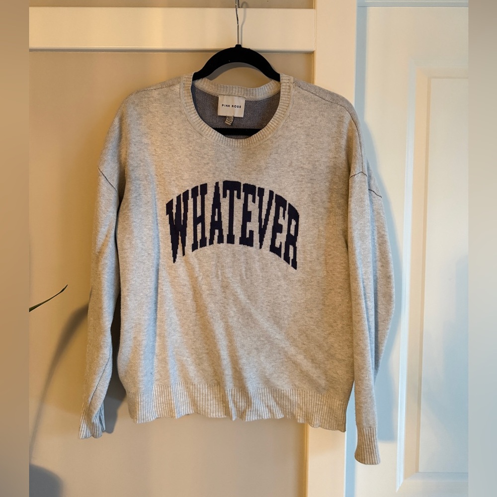 Pink Rose Gray Crewneck Sweater with 'Whatever' Print